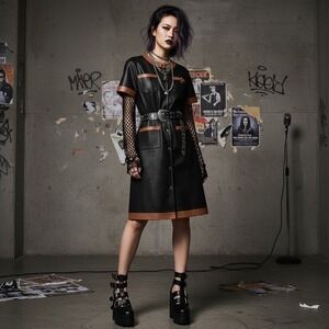 NWT Bod & Christensen Black Perforated Leather Snap Front Shift Dress Sz 6 Punk